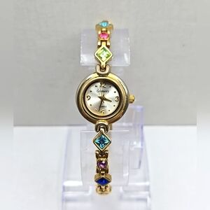Gramercy Womens Gold Tone Multicolor Gemstone Bracelet Quartz Watch New Battery
